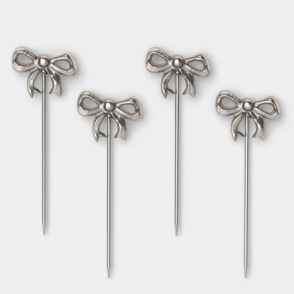 4pk Bow Cocktail Picks Silver Drink Decor